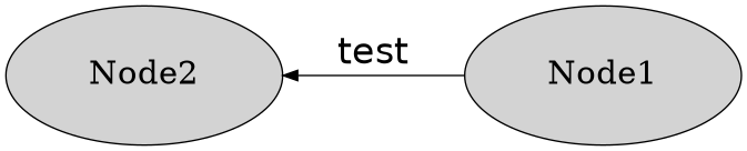 @startuml digraph
digraph G {
    rankdir = RL;
    labelloc = "t";
    fontsize = "28pt";
    nodesep=1.0
    bgcolor="transparent"
    node [
        fontsize = "22"
        fixedsize=true
        width=2.6
        height=1.3
        shape="box"
        shape="oval"
        style="filled"
        target="_top"
    ];
    edge [ fontname=Helvetica, fontsize=25, minlen=2 ];

    node1 [ label="Node1" tooltip="Node tooltip" URL=":ref:`Extension Architecture`"]
    node2 [ label="Node2" tooltip="Node tooltip" URL=":ref:`spc_demo_00001`"]

    node1 -> node2 [ label="test" ]
}
@enduml